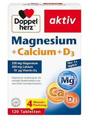 Double heart magnesium + calcium + d3 - magnesium as a contribution to muscle function and to maintain normal bones - 120 tablets 120 pieces (1 Pack) - Magnesium + Calcium + D3