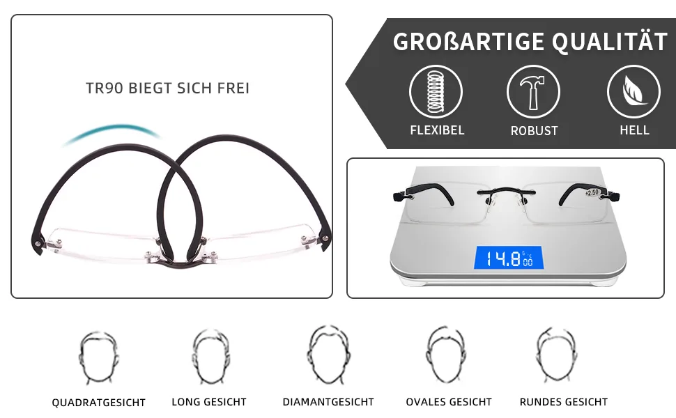 Cokobin ultra -light tr90 frameworkless reading glasses with glasses case reading aid for women and men (black +1.5) black +1.5 dioptries (1 Pack) - Ultraleichte Lesebrille