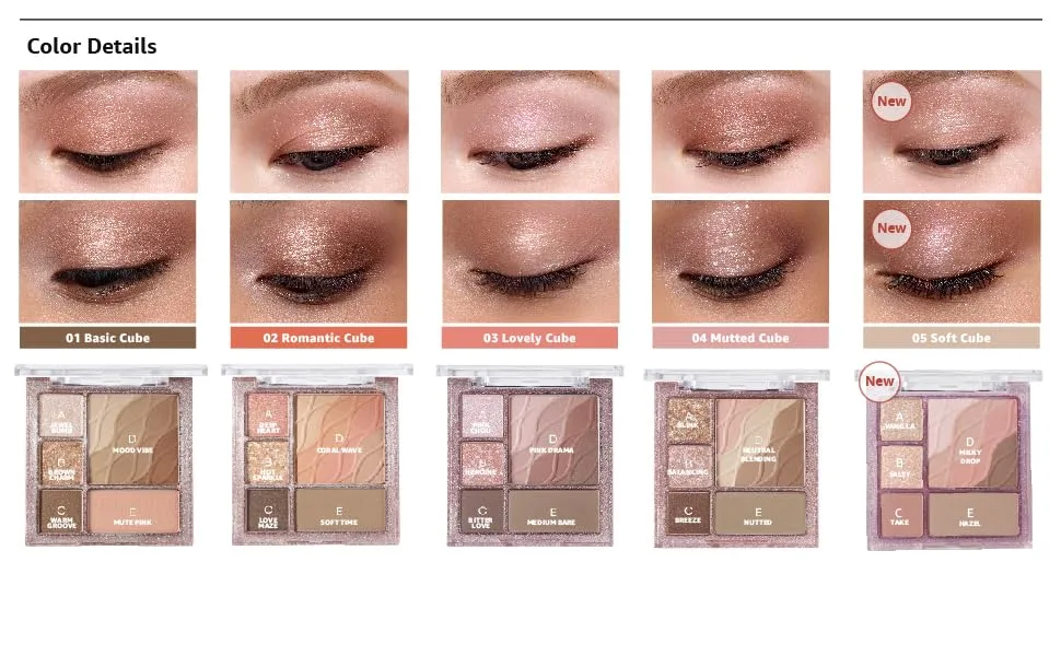 COLORGRAM Multi Cube Palette 5 Colors Eye Shadow - True Beauty K-Drama Makeup, Matte & Glitter Shades, Daily Natural Girlish Eye Makeup (#02 Romantic Cube) - colorgram