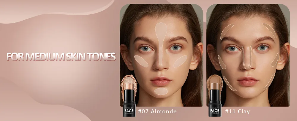 2 PCs Contouring Stick Cream Bronzer and Highlighter Stick creamy texture Long-lasting contours illuminate the face make-up contouring pen for face and neck (light medium-0610) - Medium-0711