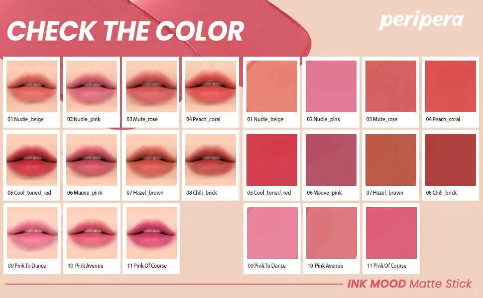 Peripera Ink Mood Matte Lipstick | Lightweight, Matte, Smooth, Hydrating, Lasting Color Payoff | (11 PINK OF COURSE) - color chart