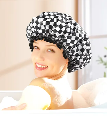 Mikimini black shower hoods 2-pack double-layer waterproof bathing hair hood with reusable soft comfortable peva feed cute stretchy shower hat medium-sized medium (2-pack) black+orange - product information 8