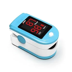 Pulox PO-100 pulse oximeter with LED display including hard case batteries protective cover nylon bag and carrying strap turquoise - PO-100 Hellblau liegend