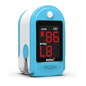 Pulox PO-100 pulse oximeter with LED display including hard case batteries protective cover nylon bag and carrying strap turquoise - PO-100 Hellblau stehend