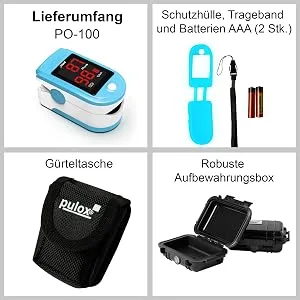 Pulox PO-100 pulse oximeter with LED display including hard case batteries protective cover nylon bag and carrying strap turquoise - PO-100 Set Hellblau