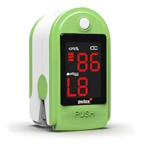 Pulox PO-100 pulse oximeter with LED display including hard case batteries protective cover nylon bag and carrying strap Green - PO-100 Grün stehend