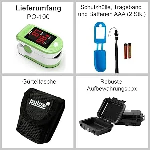 Pulox PO-100 pulse oximeter with LED display including hard case batteries protective cover nylon bag and carrying strap Green - PO-100 Set