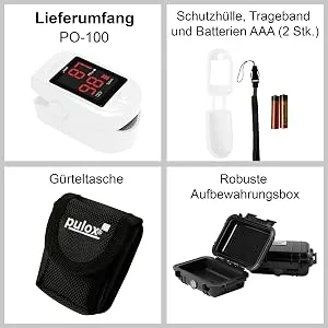 Pulox PO-100 pulse oximeter with LED display including hard case batteries protective cover nylon bag and carrying strap white - PO-100 Set Weiß