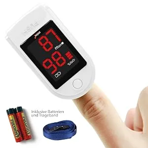 Pulox PO-100 pulse oximeter with LED display including hard case batteries protective cover nylon bag and carrying strap white - PO-100 Set Weiß Zubehör