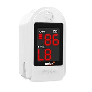 Pulox PO-100 pulse oximeter with LED display including hard case batteries protective cover nylon bag and carrying strap white - PO-100 stehend