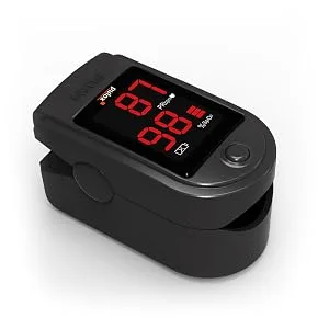 Pulox PO-100 pulse oximeter with LED display including hard case batteries protective cover nylon bag and carrying strap Black - PO-100 Schwarz liegend