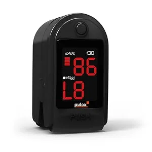 Pulox PO-100 pulse oximeter with LED display including hard case batteries protective cover nylon bag and carrying strap Black - PO-100 Schwarz liegend