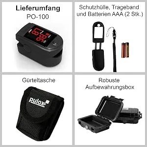 Pulox PO-100 pulse oximeter with LED display including hard case batteries protective cover nylon bag and carrying strap Black - PO-100 Set Schwarz