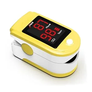 Pulox PO-100 pulse oximeter with LED display including hard case batteries protective cover nylon bag and carrying strap yellow - PO-100 Gelb liegend