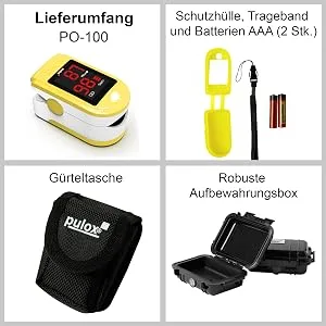 Pulox PO-100 pulse oximeter with LED display including hard case batteries protective cover nylon bag and carrying strap yellow - PO-100 gelb Set