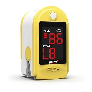 Pulox PO-100 pulse oximeter with LED display including hard case batteries protective cover nylon bag and carrying strap yellow - PO-100 gelb stehend