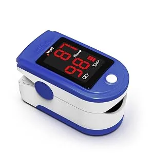 Pulox PO-100 pulse oximeter with LED display including hard case batteries protective cover nylon bag and carrying strap blue - PO-100 liegend