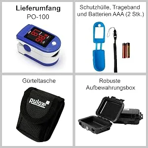 Pulox PO-100 pulse oximeter with LED display including hard case batteries protective cover nylon bag and carrying strap blue - PO-100 Set