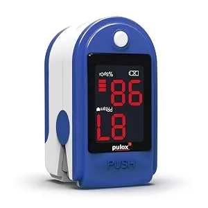 Pulox PO-100 pulse oximeter with LED display including hard case batteries protective cover nylon bag and carrying strap blue - PO-100 stehend