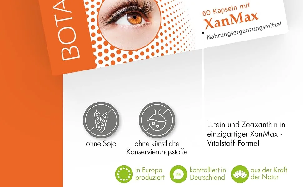 Botanicy eyes fit Complex - unique nutrient complex with patented Xanmax for eyes vision and retina high -dose also for glasses wearers (60 capsules monthly pack) - Augen Fit