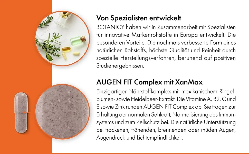 Botanicy eyes fit Complex - unique nutrient complex with patented Xanmax for eyes vision and retina high -dose also for glasses wearers (60 capsules monthly pack) - Augen Fit