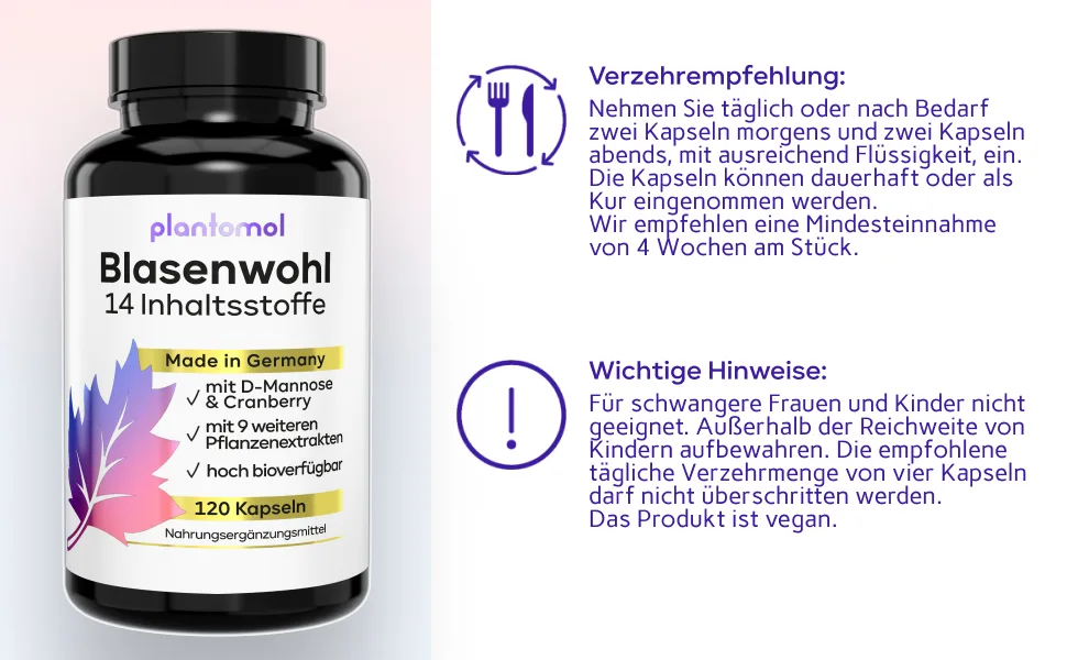 120 Bubble welfare capsules - bubbles complex with 14 coordinated ingredients such as D -Mannose Cranberry Hauhechel root Goldrod Bear grape leaves Bean shells & birch leaves - vegan - Plantomol 120 pieces (1 Pack) - Entdecken Sie die natürliche Kraft für eine gesunde Blase