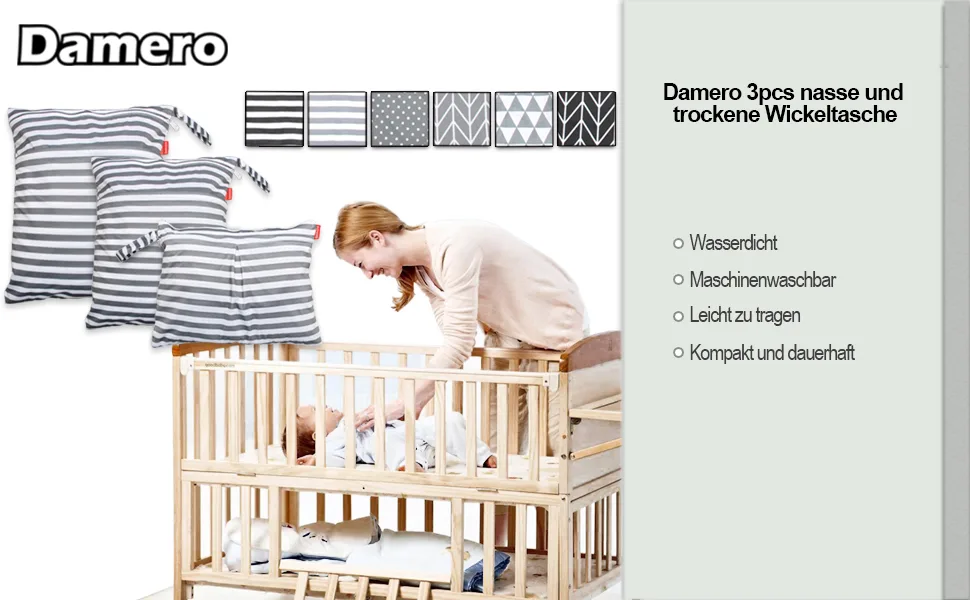 Damero 3pcs/set Diaper Bag with Reusable Fabric Wetbag Wet Wipes Organizer Bag Gray Stripes - product information 9