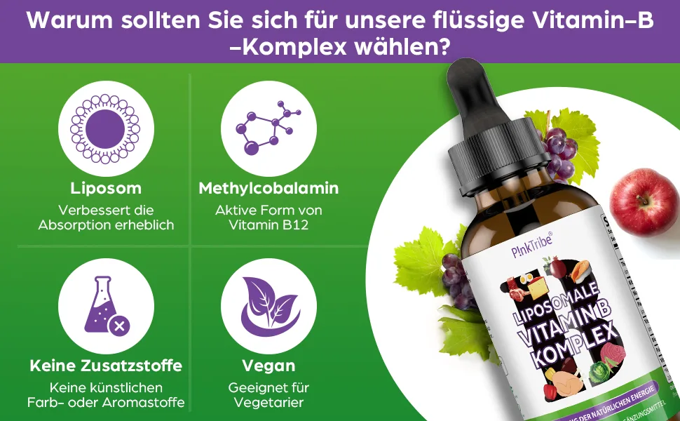 Liposomal vitamin B complex liquid - high -dose drops with all 8 B vitamins active vitamin B forms vegan no additives 60ml (1 Pack) - Vitamin B Komplex Flüssiges