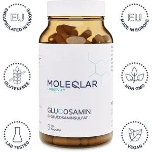 Moleqlar glucosamine capsules high -dose - 1000mg per portion - storage pack with 90 vegan premium capsules - pure bio -available glucosamine sulfate - laboratory test in DE - Gluten -free & vegan - Glucosaminsulfat Kapseln