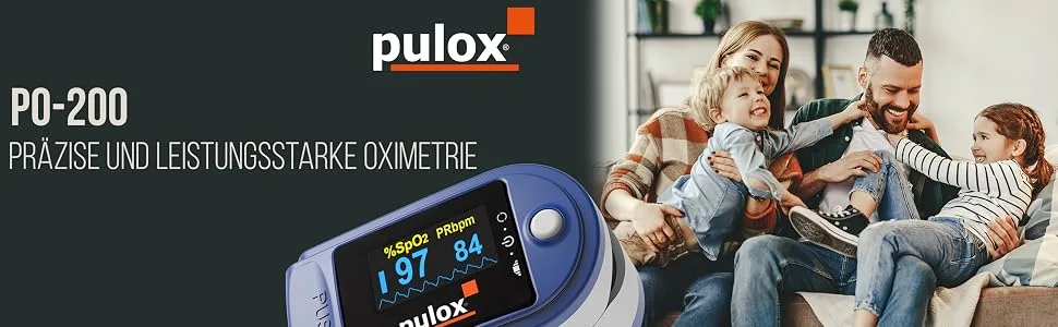 Puloximeter Pulox PO-200 Set in blue for measuring oxygen saturation pulse and PI on the finger including hard case protective cover batteries and supporting band - PO-200 Solo Header