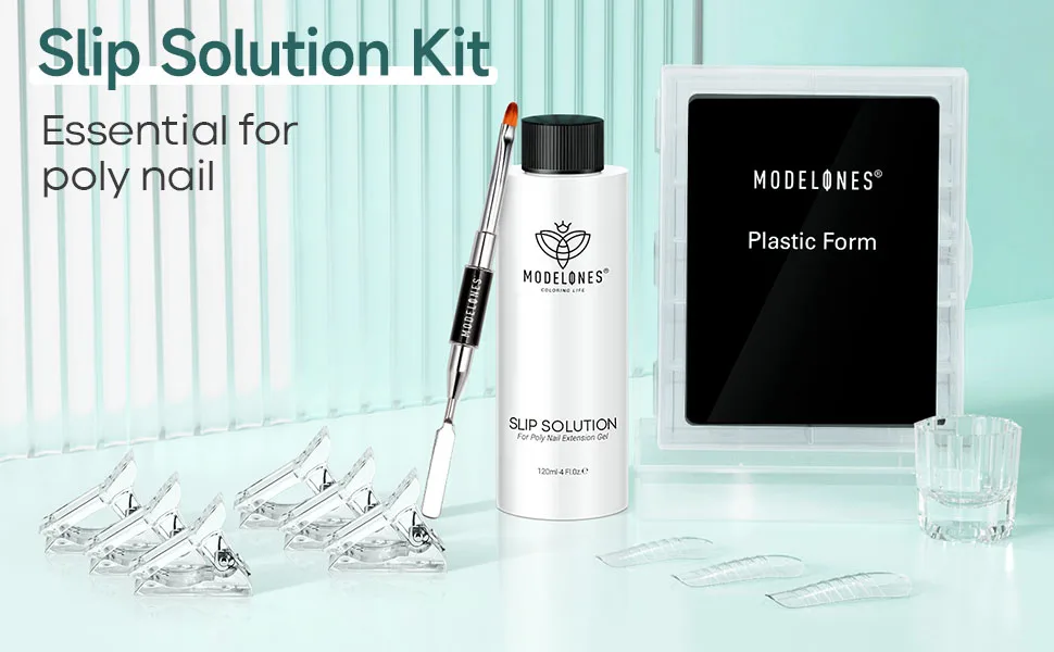 Modelones Slip Solution Nail Forms Set With 120 pieces Nail shape 120ml Slip Solution 5PCs Nagel Clip Klammer Crystal Cup and Dual-Ended Nail for Polygel Extension Artificial Nail Design - slip solution kit