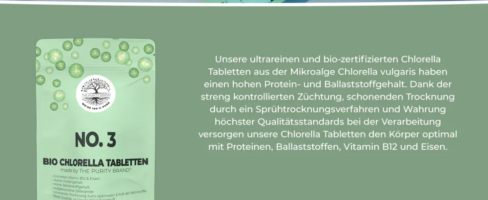 The Purity Brand Bio Chlorella 500 tablets - 4.8g.Daily dose - dietary supplements with iron vitamin B12 & high protein content - vegan - No. 3 Chlorella Tabletten