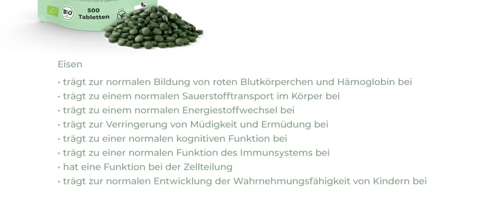 The Purity Brand Bio Chlorella 500 tablets - 4.8g.Daily dose - dietary supplements with iron vitamin B12 & high protein content - vegan - No. 3 Chlorella Tabletten