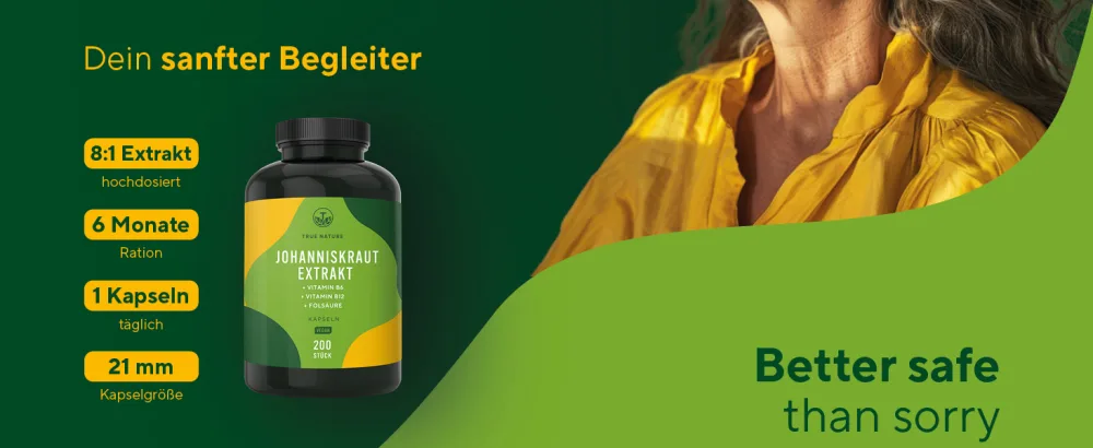 St. John's wort capsules high -dose - 200 capsules with Vit. B6 (contributes to a normal psychological function) and folic acid & B12 - Natural Hypericin & Hyperforin - Made in Germany - True Nature - johanniskraut