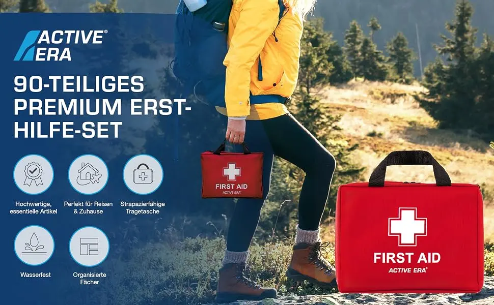 First aid set - 90 -part premium first aid set - contains cooling packs eye rinsing rescue blanket for at home office or car - red - erst hilfe set