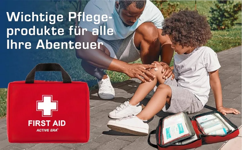 First aid set - 90 -part premium first aid set - contains cooling packs eye rinsing rescue blanket for at home office or car - red - first aid