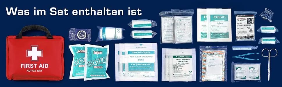 First aid set - 90 -part premium first aid set - contains cooling packs eye rinsing rescue blanket for at home office or car - red - product information 18