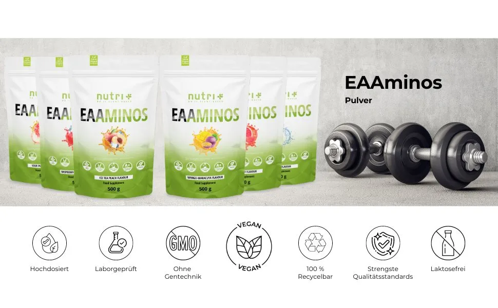 Nutri + EAA powder neutral 500 g - high -dose + vegan - Instant EAAS natural without sweetener additive & artificial taste - essential amino acids neutral (bitter) 500 g (1 Pack) - EAAminos