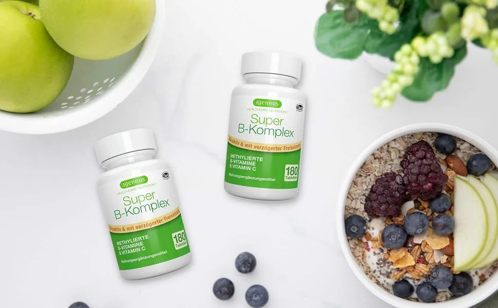 Vitamin B complex - highly absorbable methylated B vitamins with folate B6 B1 & B12 - all 8 in bioactive forms plus vitamin C deposit effect vegan 180 tablets from igennus ... 180 pieces (1 Pack) - Super B Komplex DE Label A+ Banner Image