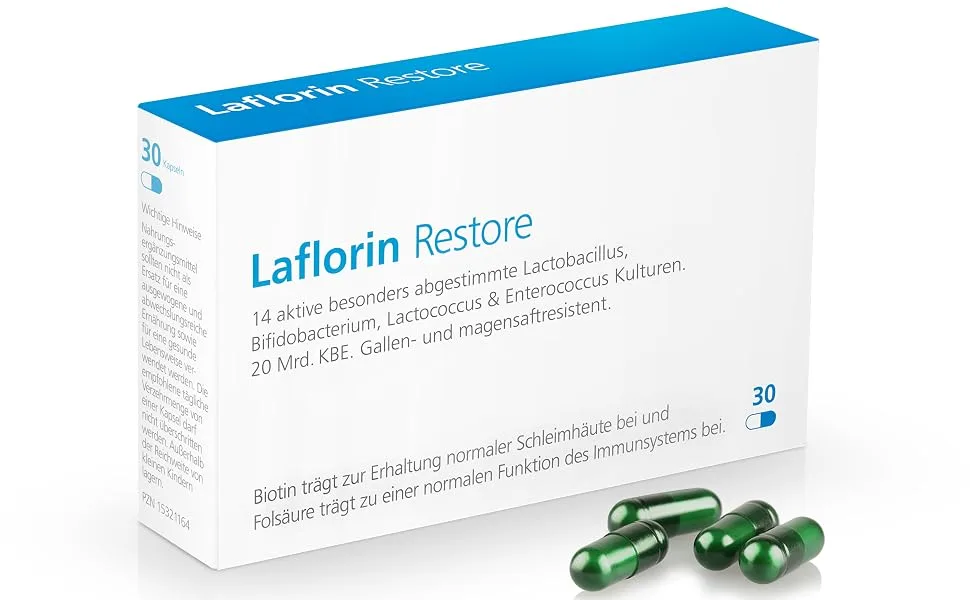 Laflorin Restore - intestinal renovation with 14 selected intestinal cultures.Gentle structure of the intestinal flora probiotic intestinal bacteria lactic acid bacteria laboratory testing.30 pieces (1 Pack) - Laflorin Restore