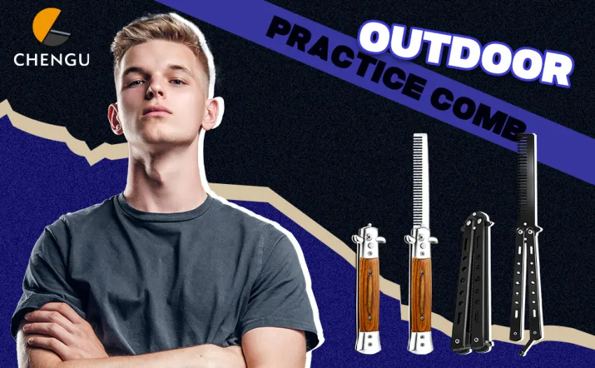 2 Pieces Wood Grain Switchblade Blade Comb Pocket Knife Hair Brush Automatic Push Button Brush and Folding Butterfly Comb Stainless Steel Training Practice Comb Outdoor Practice Comb (Black) - product information 1