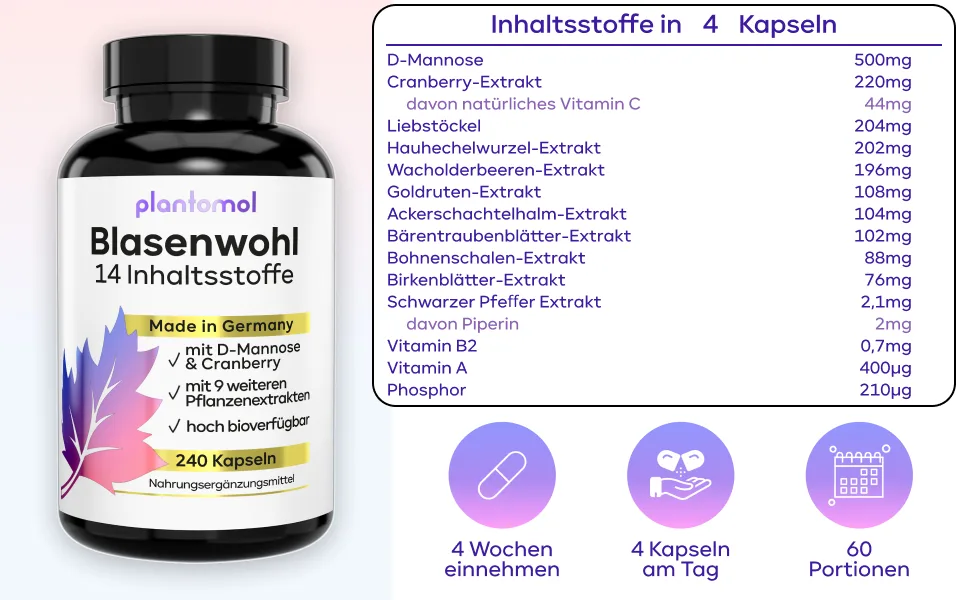 240 Bubble welfare capsules - bubbles complex with 14 coordinated ingredients such as D -Mannose Cranberry Hauhechel root Goldrod Bear grape leaves Bean shells & birch leaves - vegan - Plantomol 240 pieces (1 Pack) - Blasenkomplex-Kapseln: Unterstützung für Ihre tägliche Routine