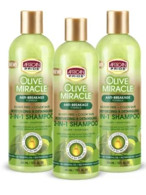 African Pride Olive Miracle Shampoo & Conditioner 2 in1 Formula (3 Pack) enriched with tea tree and olive oil to moisturize and protect hair and scalp, 12oz. - Shampoo and Conditioner