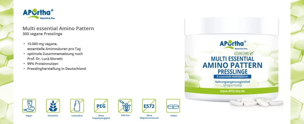 Aportha Multi Essential Amino Pattern I 300 Pressenges with 8 essential amino acids according to Prof. Dr.Luc Moretti for optimized protein supply i amino acid tablets complex high doses EAA vegan 300 pieces (1 Pack) - APOrtha Amino Pattern 300 Presslinge Übersicht