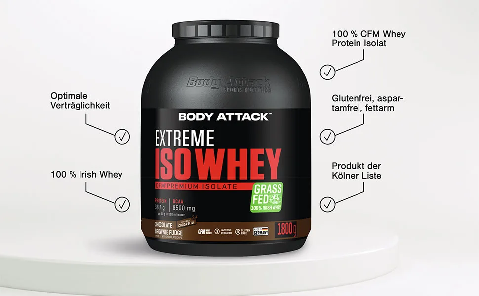Body Attack Extreme ISO Whey Neutral 1 kg CFM Whey Protein Isolate Isolate from 100% Irish pasture milk gluten-free rich in EAAS perfectly soluble low in fat without aspartame 90.6% isolate content neutral (1 Pack) - EXTREME ISO WHEY
