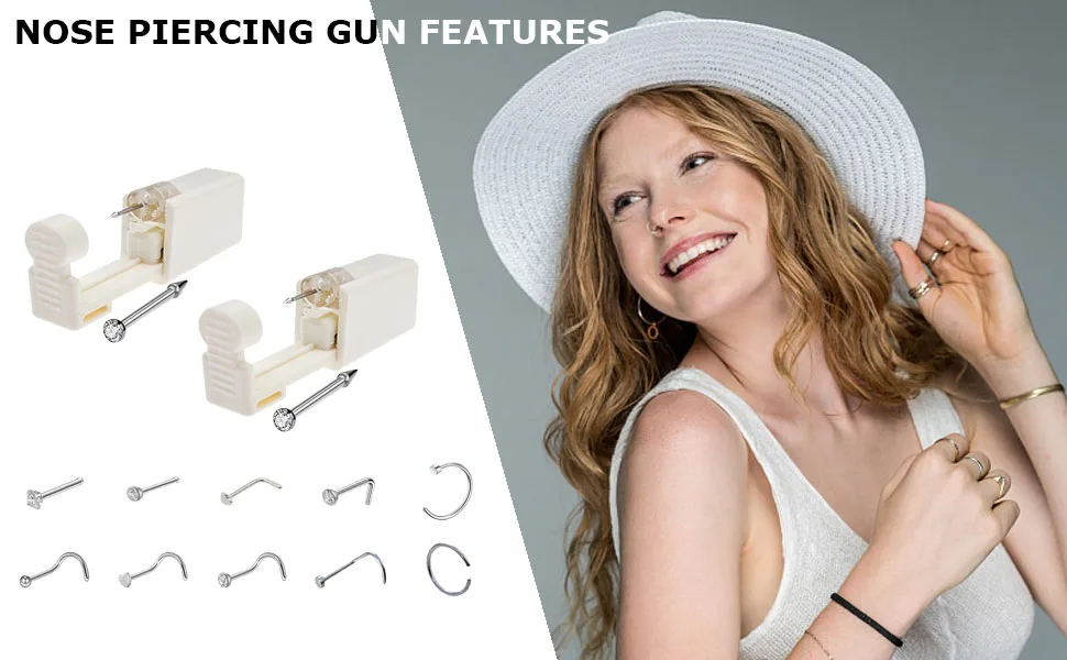 Nose Piercing Kit, 2 Pack Disposable Self Nose Piercing Gun with 10 Pcs Nose Rings - nose piercing kit nose piercinig gun
