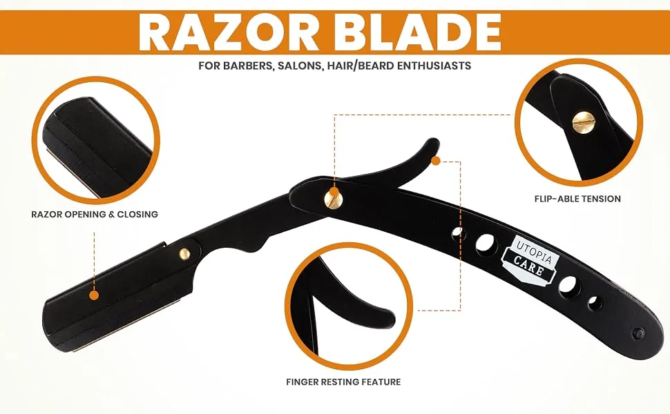 Utopia Care Professional Barber Straight Edge Razor Safety with 100-Pack Lord Blades - 100 Percent Stainless Steel (Black) - beard razor