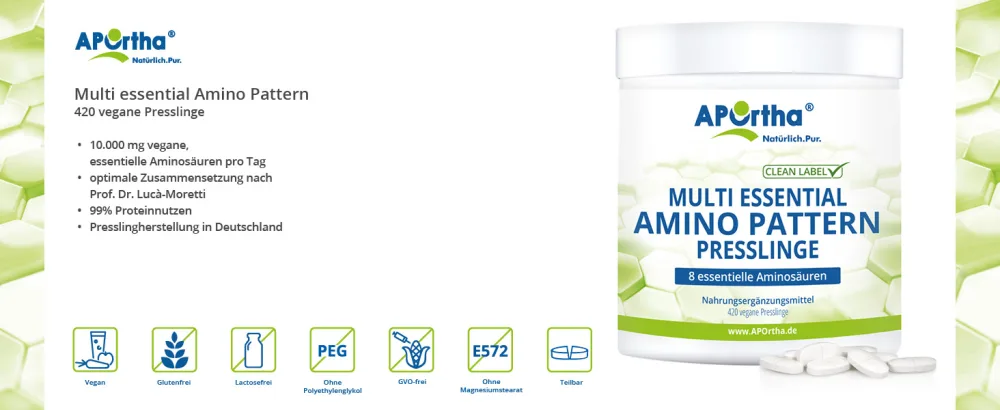 Aportha Multi Essential Amino Pattern I 420 Pressenges with 8 essential amino acids according to Prof. Dr.Luc Moretti for optimized protein supply i amino acid tablets complex high doses EAA vegan 420 pieces (1 Pack) - APOrtha Amino Pattern 420 Presslinge Übersicht