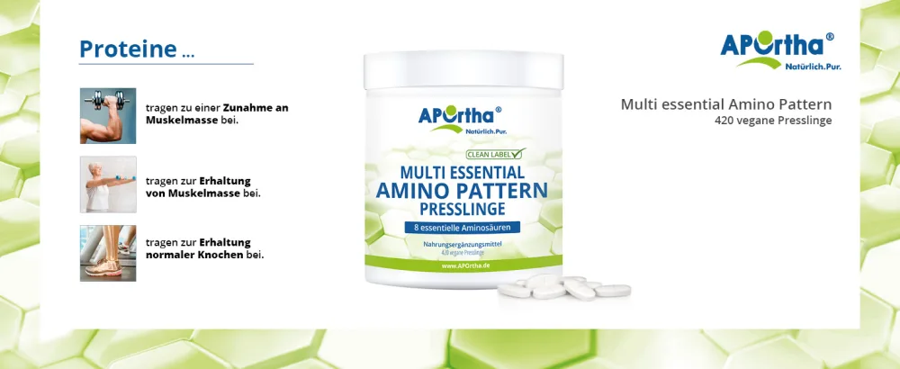 Aportha Multi Essential Amino Pattern I 420 Pressenges with 8 essential amino acids according to Prof. Dr.Luc Moretti for optimized protein supply i amino acid tablets complex high doses EAA vegan 420 pieces (1 Pack) - APOrtha Amino Pattern 420 Presslinge Zusammenfassung