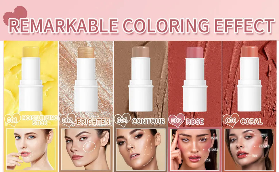 Yeweian Blush Stick, Matte Cream Blush Stick for Cheeks, Eyes and Lips Natural Makeup Waterproof Long Lasting(05 Rose) Blush Rose - contour stick cream blush stick